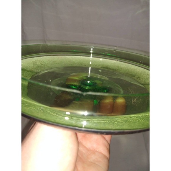 Gorgeous green depression glass covered bowl with ornate metal accented lid - Picture 6 of 6